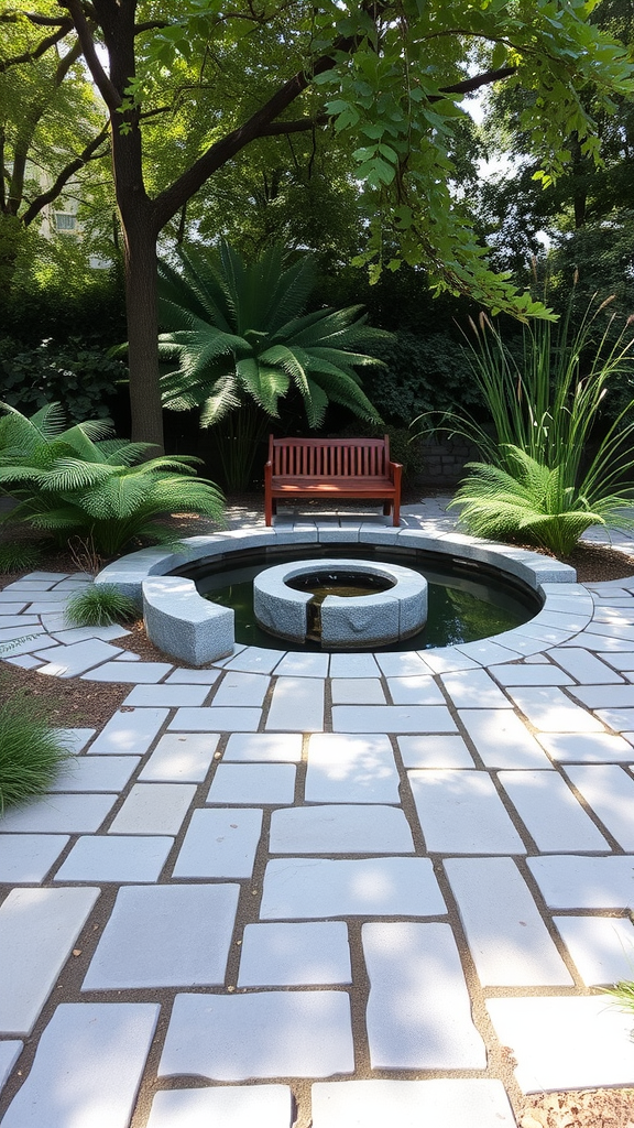 A serene flagstone patio featuring a water feature and a wooden bench surrounded by lush greenery.