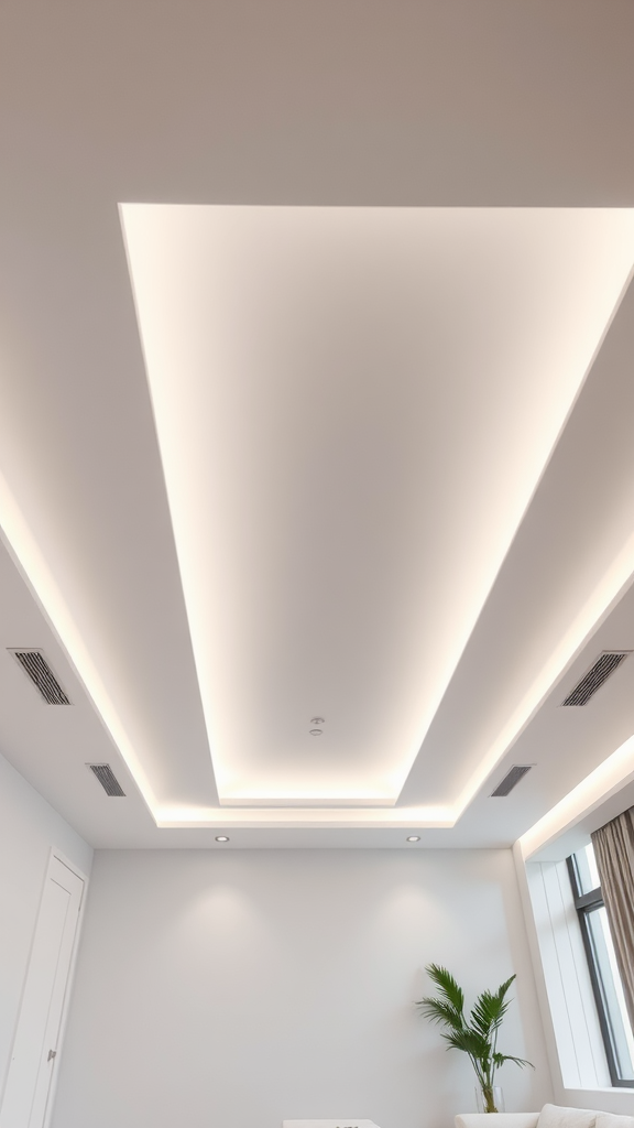 Modern floating ceiling with backlighting in a stylish bedroom