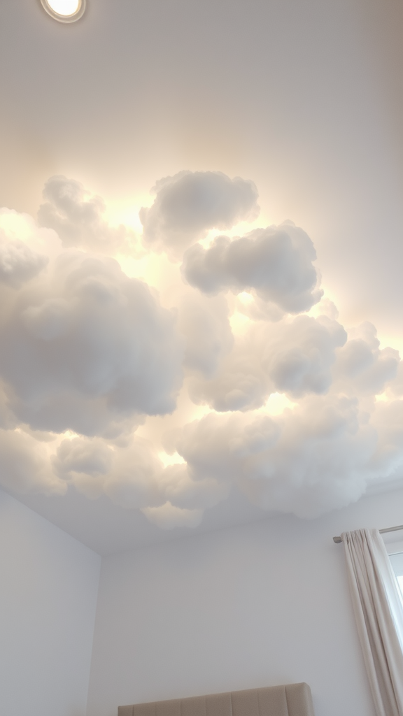 Floating cloud ceiling with soft LED lights in a cozy bedroom