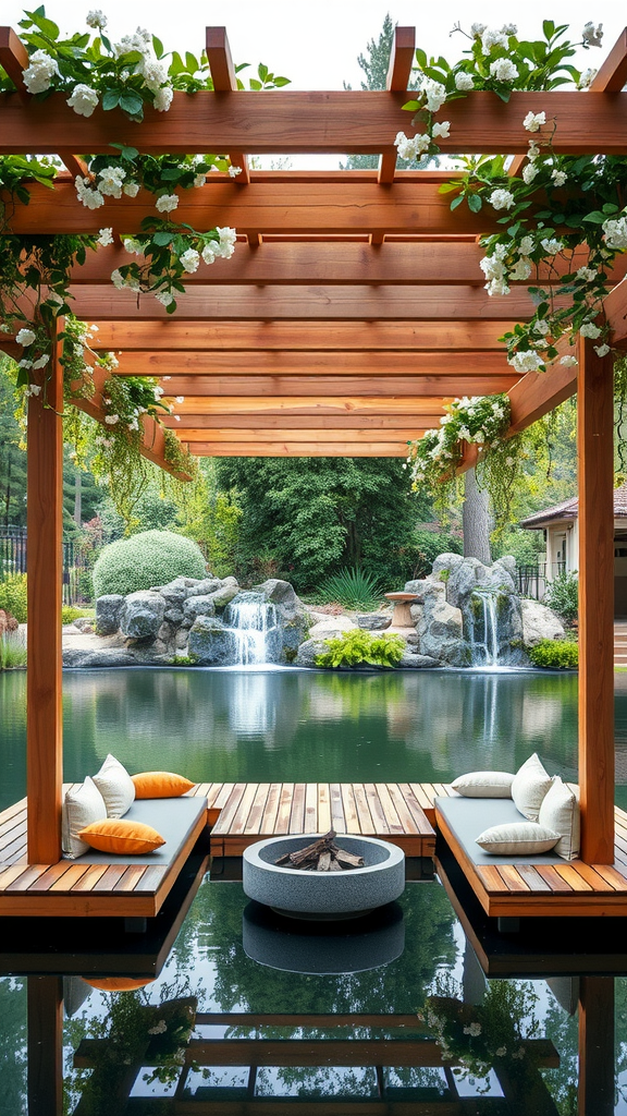 A stunning floating pergola over a tranquil body of water, featuring comfortable seating and vibrant flowers.