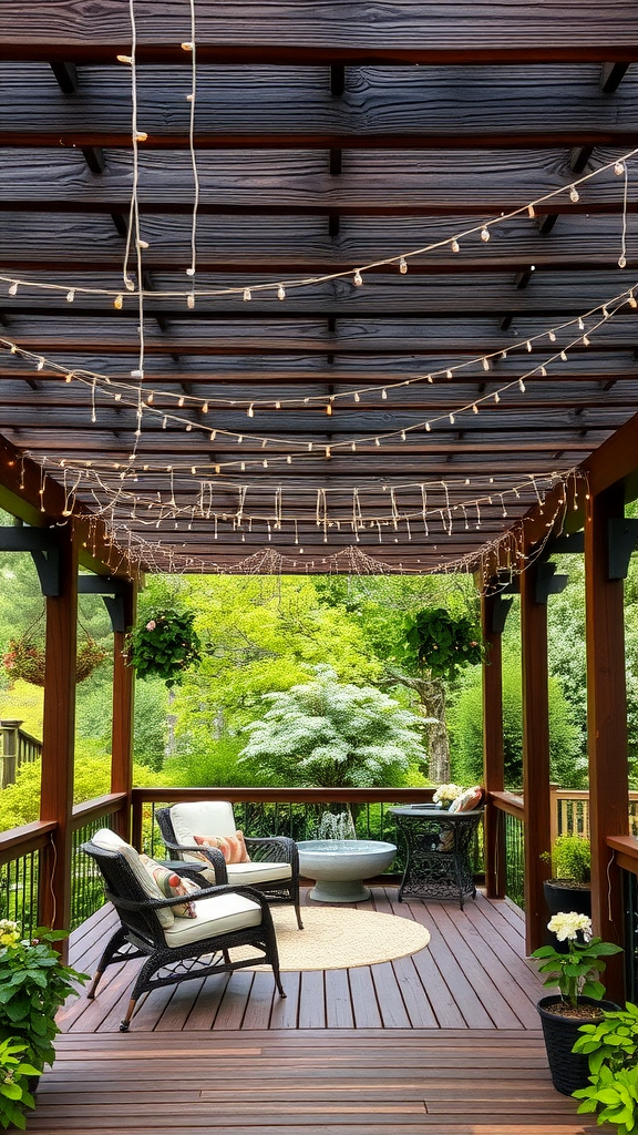 A beautiful floating pergola with fairy lights, featuring cozy seating and lush greenery.