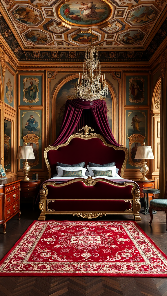 A luxurious bedroom with a grand bed, ornate ceiling, and rich red decor, embodying Renaissance revival style.