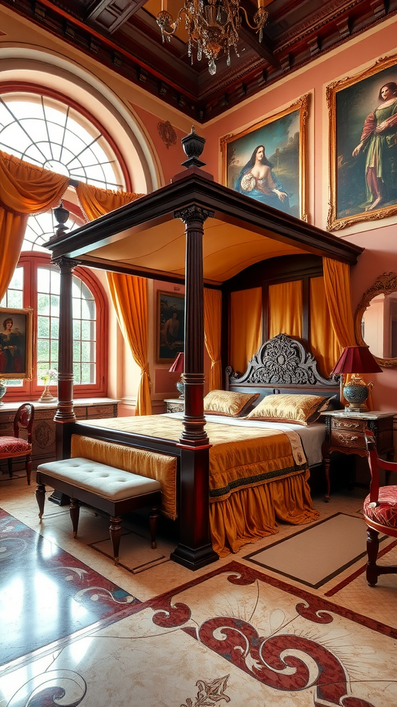 A luxurious Florentine Renaissance bedroom featuring a four-poster bed, ornate ceiling, and intricate patterned flooring.