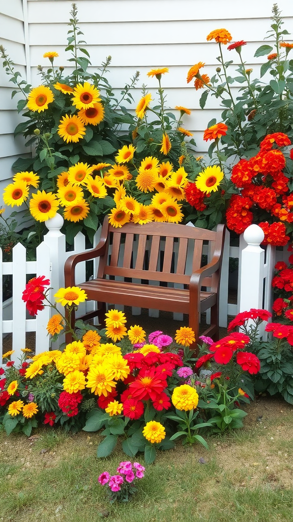 A corner garden filled with colorful flowers and a wooden bench.