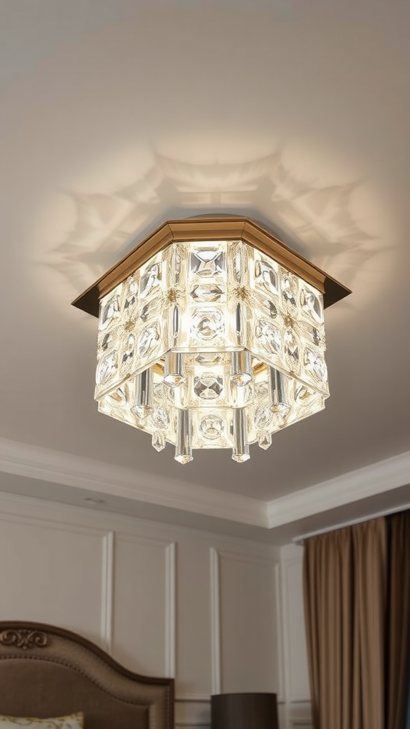 A flush mount crystal ceiling light illuminating a bedroom