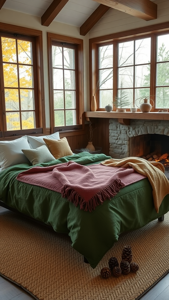 A cozy bedroom in a forest cabin featuring a green bedspread, colorful throws, large windows with autumn leaves, and a stone fireplace.