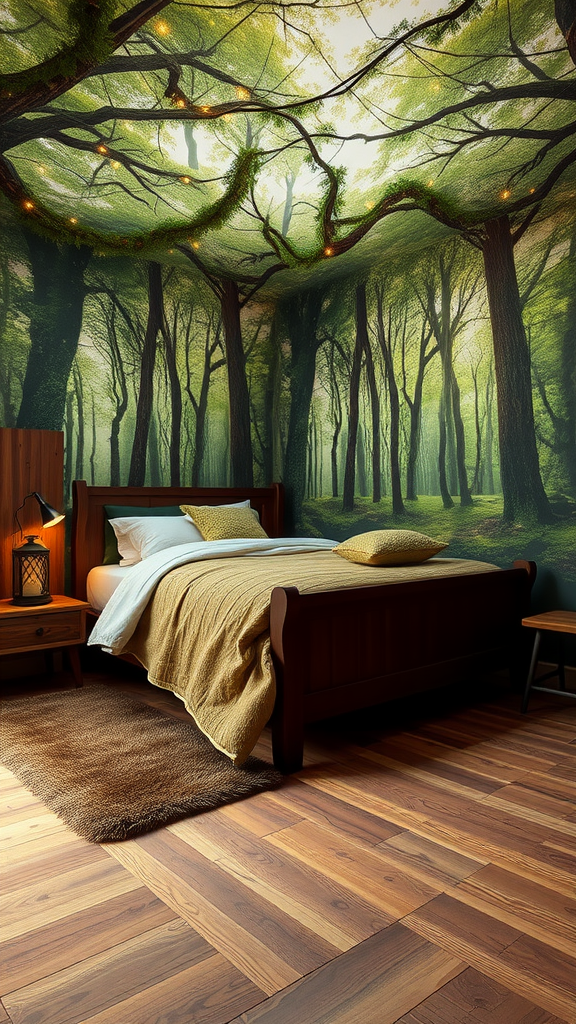 A cozy bedroom with a forest mural on the wall, featuring a wooden bed and soft decor.