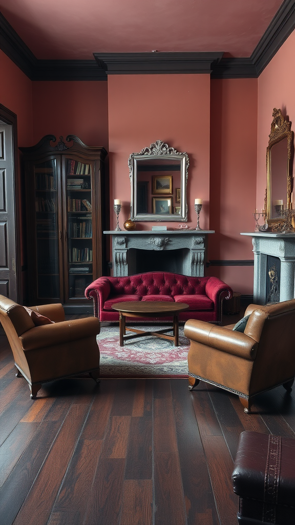 A cozy lounge area with a tufted red sofa, leather armchairs, a wooden coffee table, and antique decor.