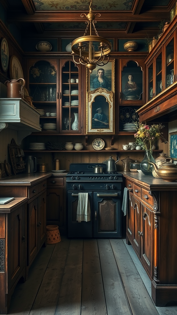 A vintage Victorian kitchen with wooden cabinets, a chandelier, and various kitchenware.