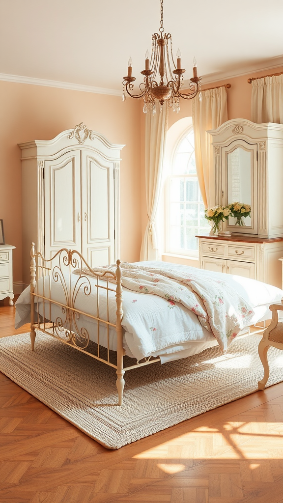 A beautifully decorated French country bedroom with an iron bed, peach walls, and elegant furniture.