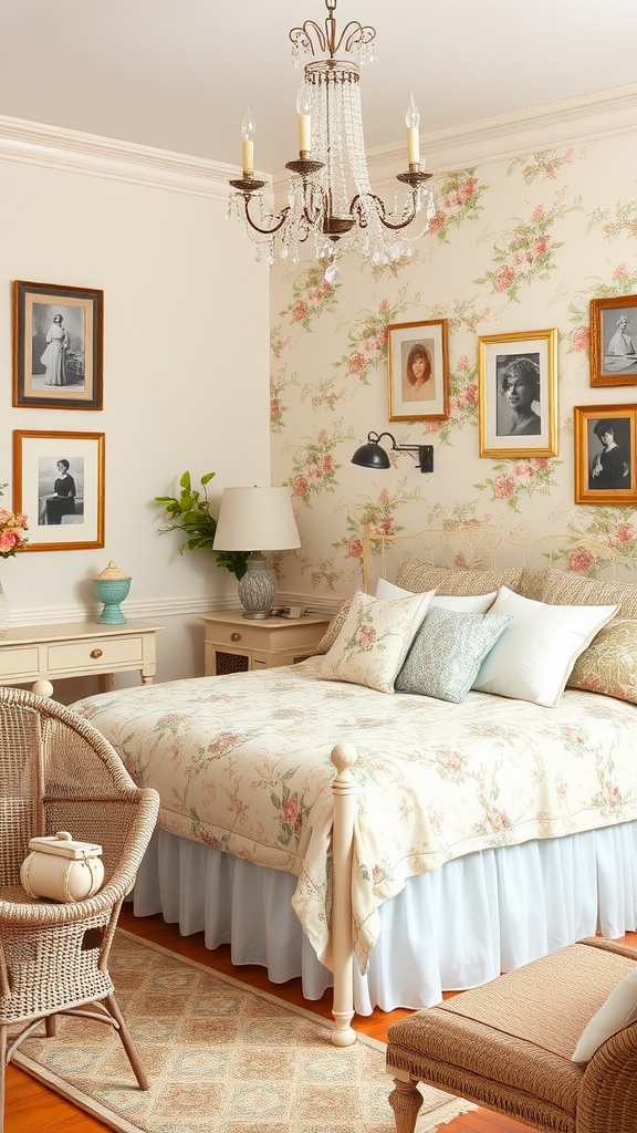 Cozy French country bedroom with floral wallpaper, vintage photos, a chandelier, and rustic furniture.