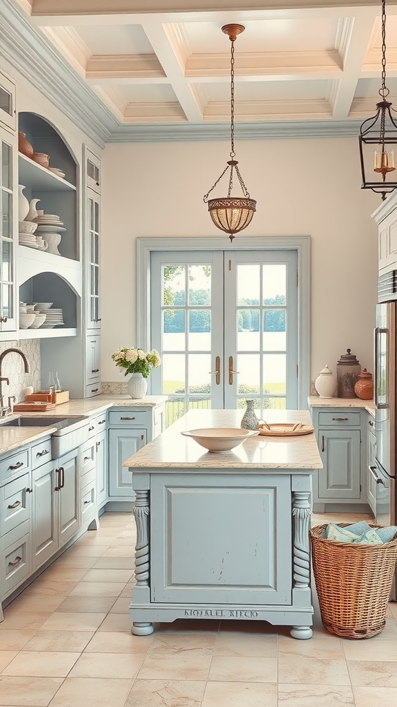 A beautifully designed French country lake house kitchen with blue cabinetry and a coffered ceiling.