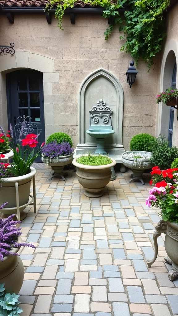 A charming French country paver patio featuring a fountain, colorful flowers, and soft-toned pavers.