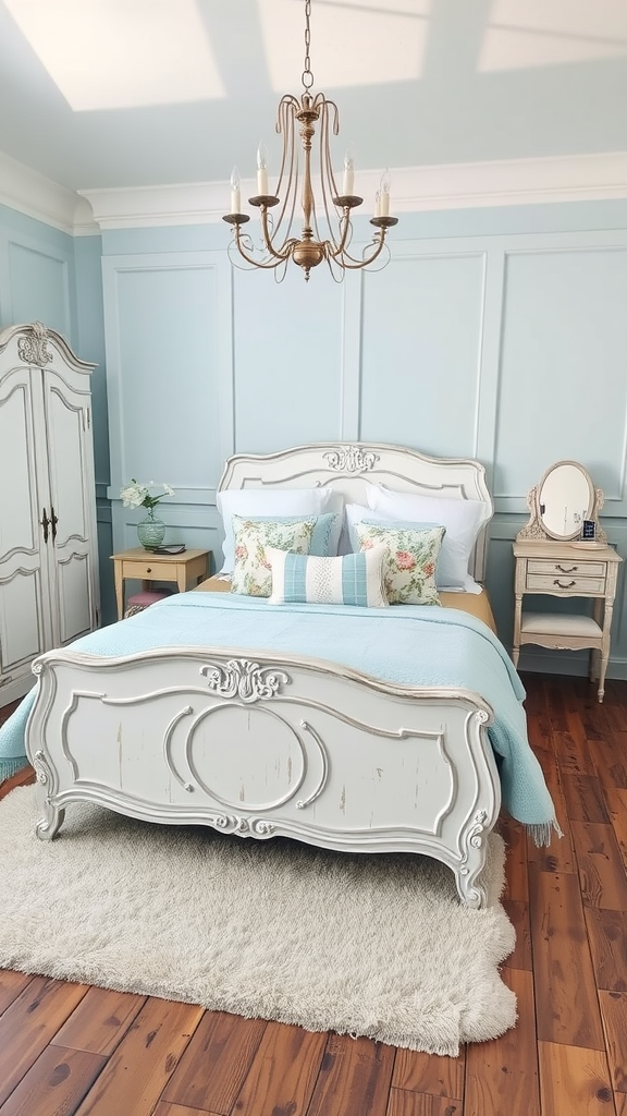 A cozy French provincial bedroom featuring a light blue color scheme, antique white furniture, and elegant decor.