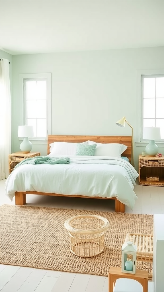 A coastal bedroom featuring seafoam green walls, a wooden bed frame, white bedding, and natural decor elements.