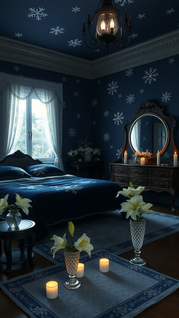 A cozy dark bedroom with snowflake decor, elegant furniture, and warm candlelight.