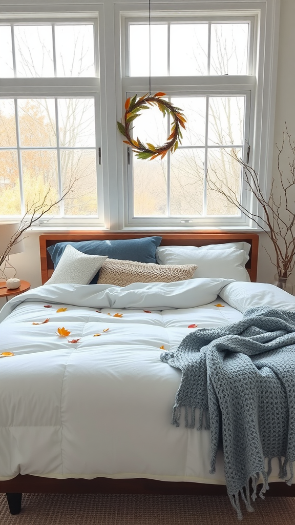 Cozy bedroom with soft blankets, decorative pillows, and autumn leaves on the bed.