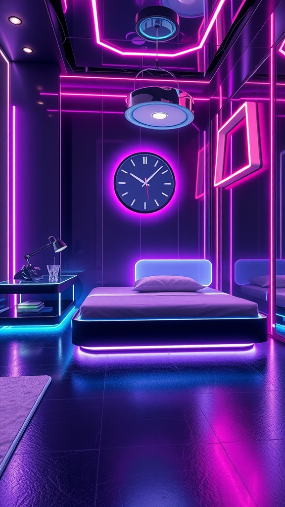 A futuristic bedroom featuring neon lights in pink and blue, a modern bed, and sleek decor.