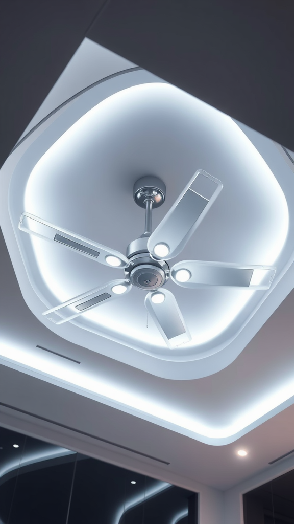 Futuristic ceiling design with a contemporary fan and LED lighting.