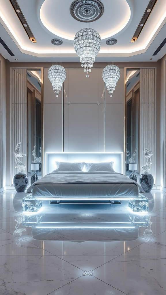 A luxurious master bedroom with futuristic design elements, featuring a glowing bed, crystal chandeliers, and sleek decor.