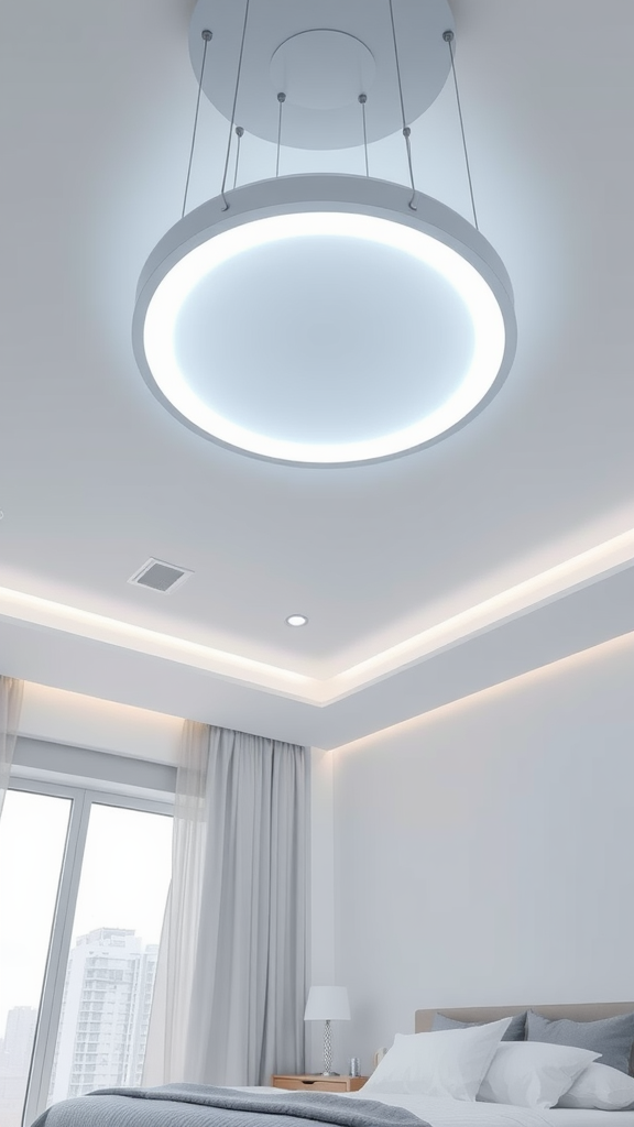 A modern floating ceiling light in a stylish bedroom setting