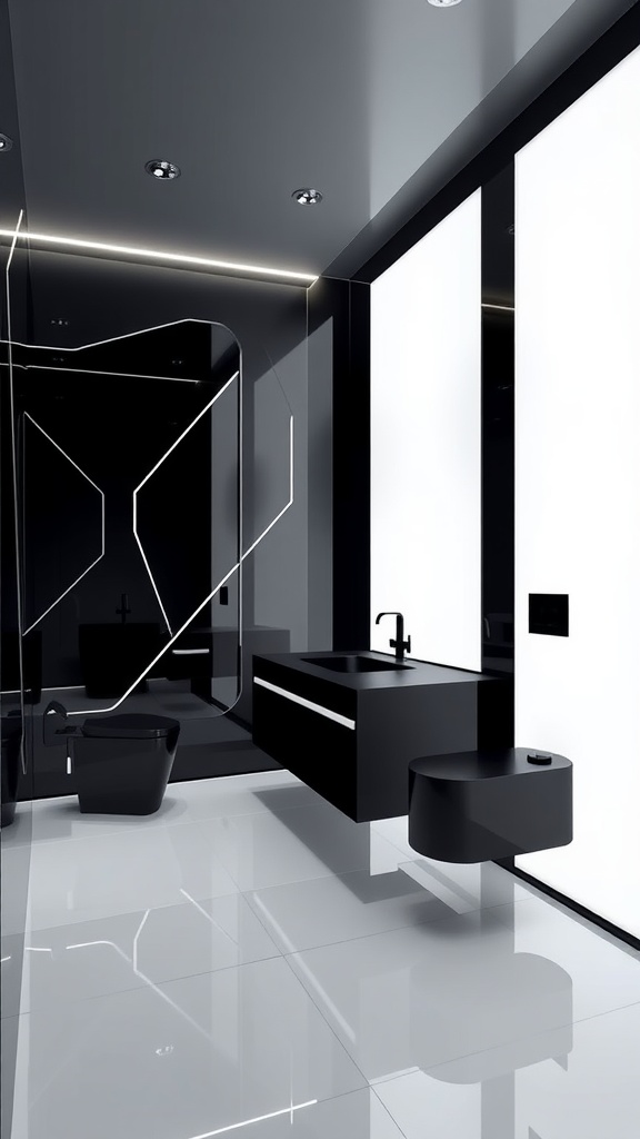 Futuristic black and white bathroom with sleek design