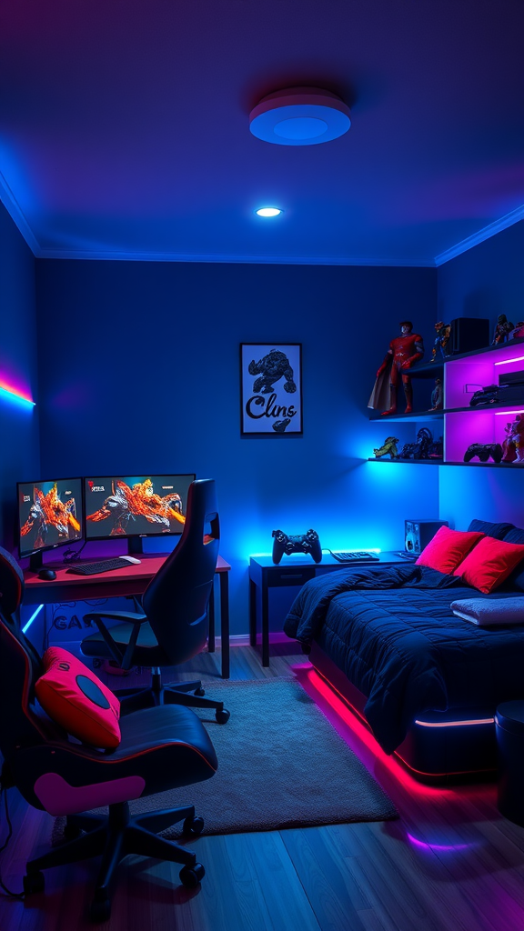 A cozy and stylish gamer’s dorm room with dual monitors, gaming chair, and colorful lighting.