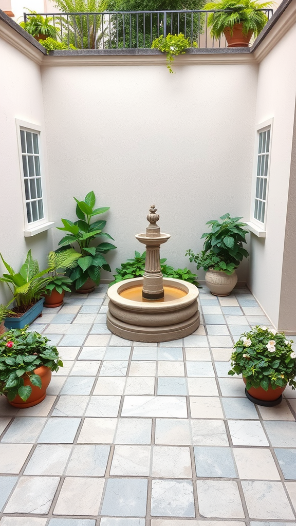 Small garden courtyard featuring a central fountain surrounded by potted plants.