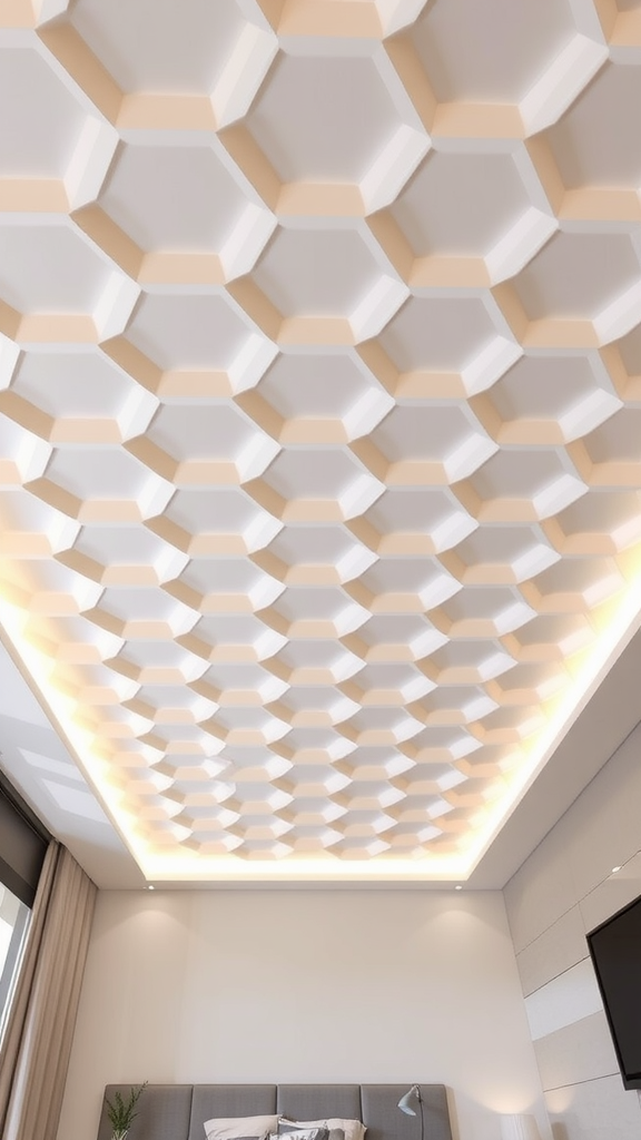 Geometric 3D ceiling panels in a bedroom with soft lighting