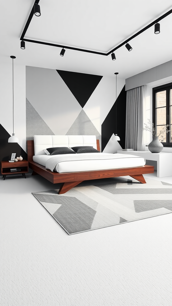 A modern bedroom with black and white geometric wall patterns and minimalistic furniture.