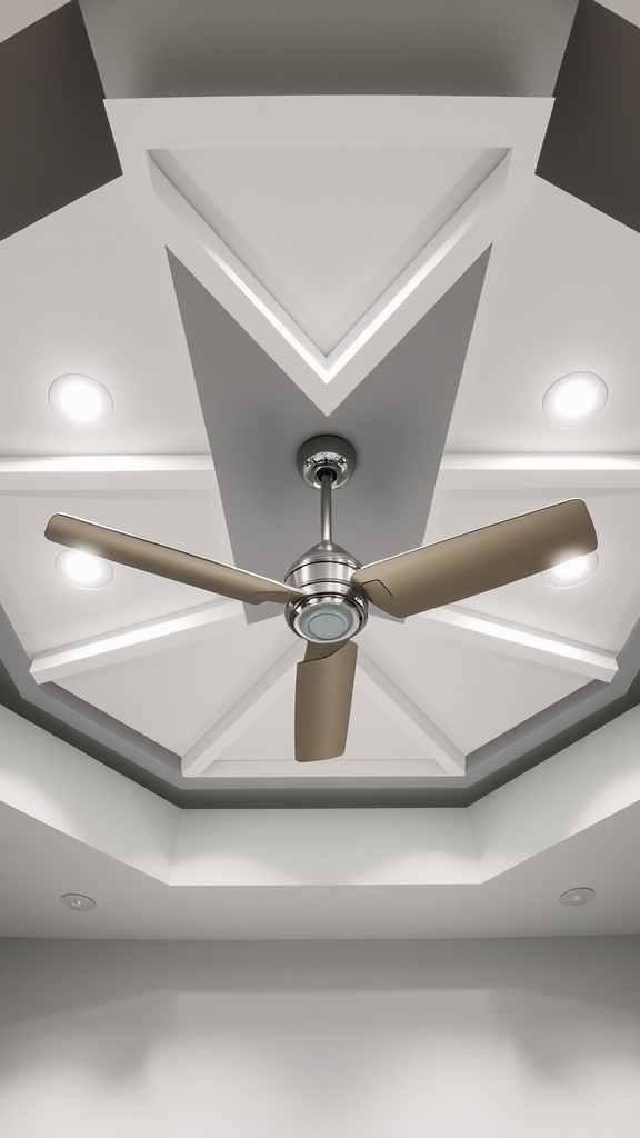 Geometric ceiling design with a central fan and recessed lighting.