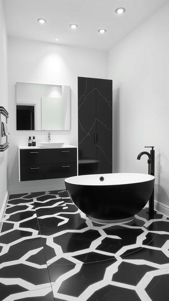 A modern black and white bathroom featuring geometric flooring, a freestanding bathtub, and sleek cabinetry.