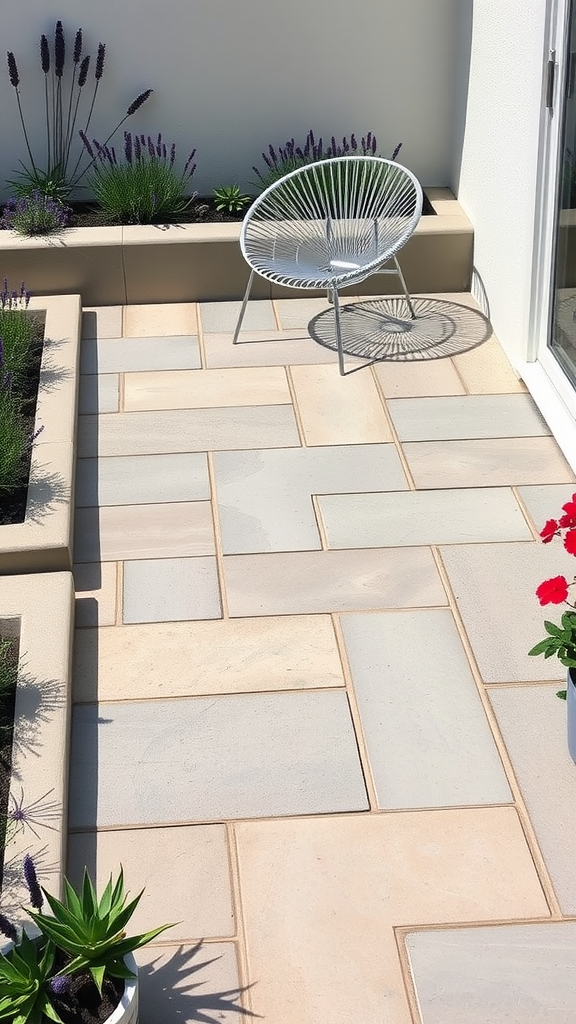 A geometric flagstone patio with light-hued stones, surrounded by plants and flowers, featuring a stylish chair.