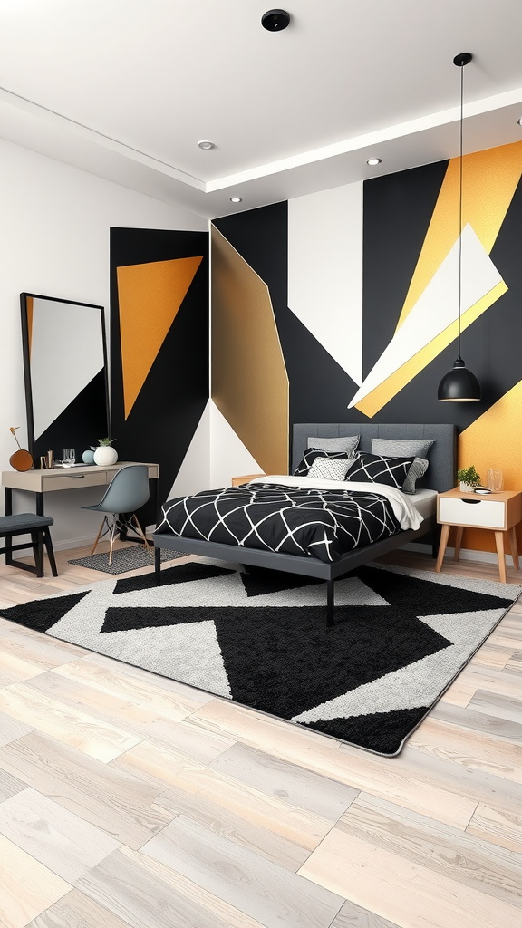 A modern teenage girl's bedroom with geometric wall art, a stylish bed, and sleek furniture.