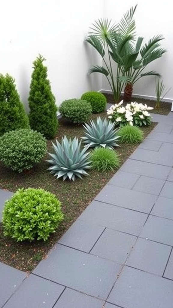 A geometric modern garden featuring a variety of plants and gray paving stones.