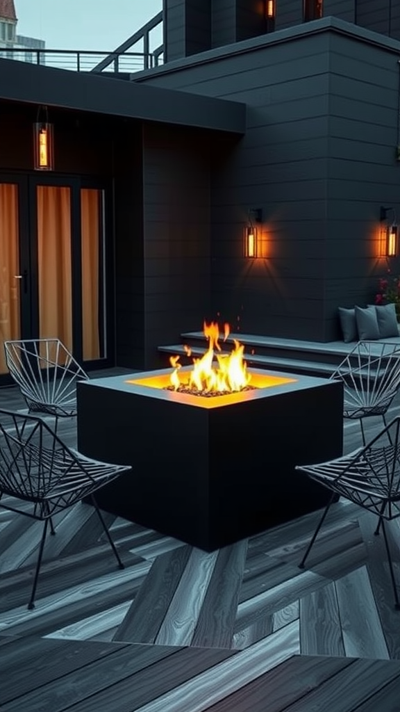 A modern geometric patio fire pit with a black finish and flames, surrounded by stylish wireframe chairs on patterned flooring.