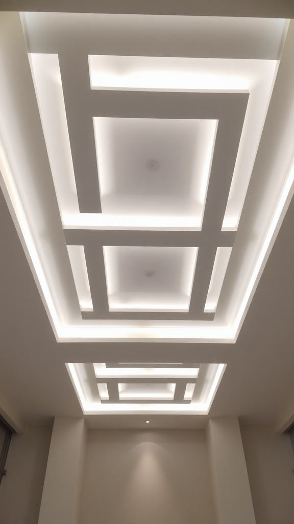 A modern ceiling with a geometric pattern and recessed lighting.