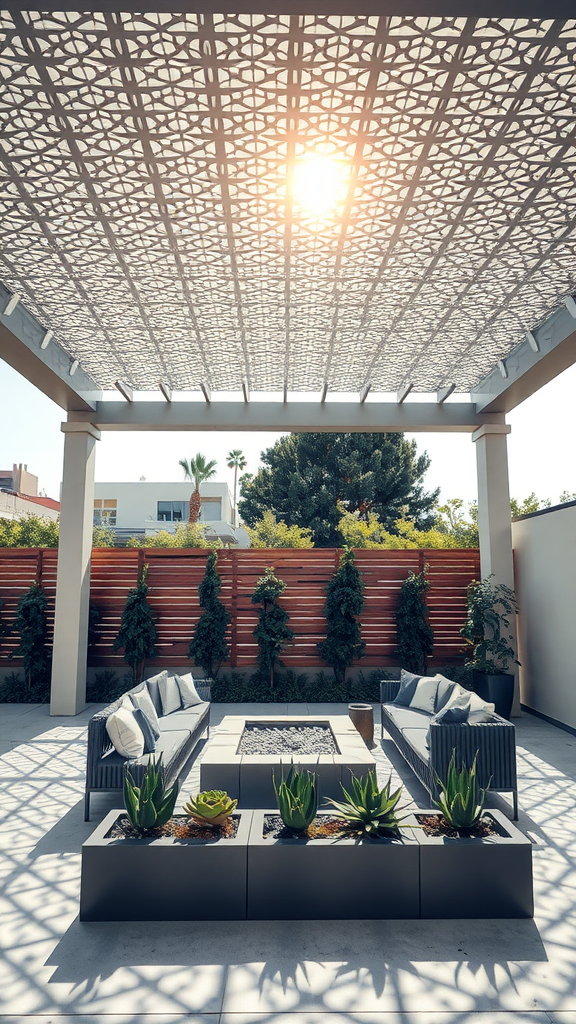 A stylish patio with a geometric pergola casting patterned shadows, featuring modern seating and potted plants.