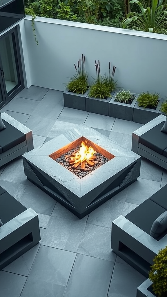 A modern geometric stone fire pit on a patio, surrounded by stylish seating and plants.