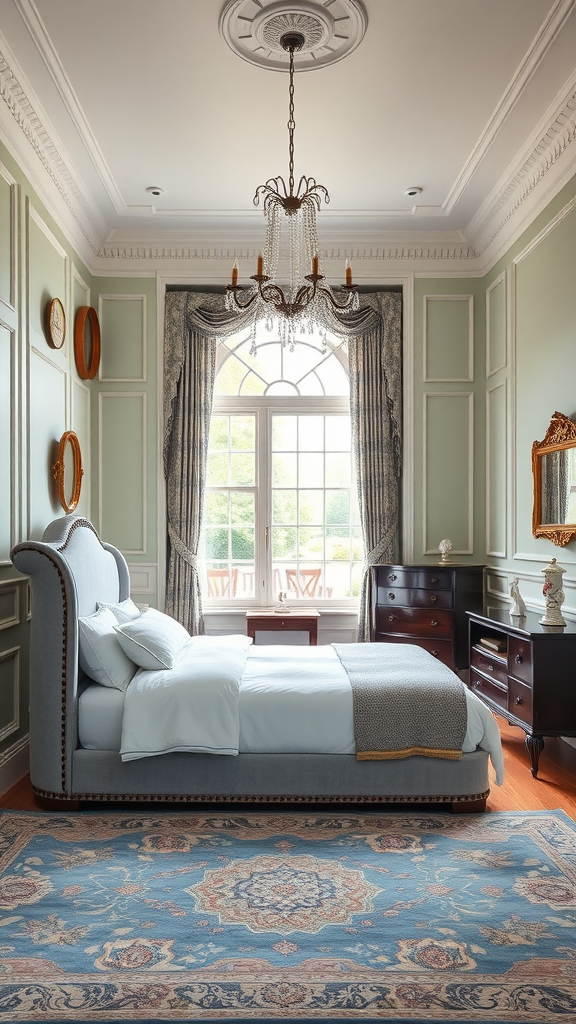 A stylish Georgian country bedroom with green walls, elegant bed, and natural light streaming in.