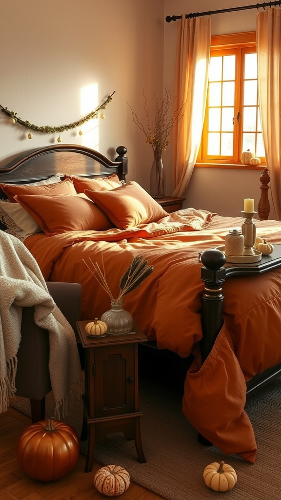 A cozy fall-themed bedroom with orange bedding, pumpkins, and warm sunlight