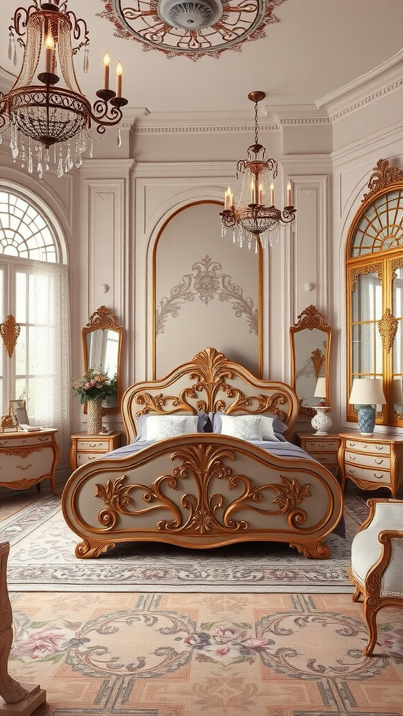 A luxurious Art Nouveau bedroom featuring an ornate bed, lavish chandeliers, and elegant decor.