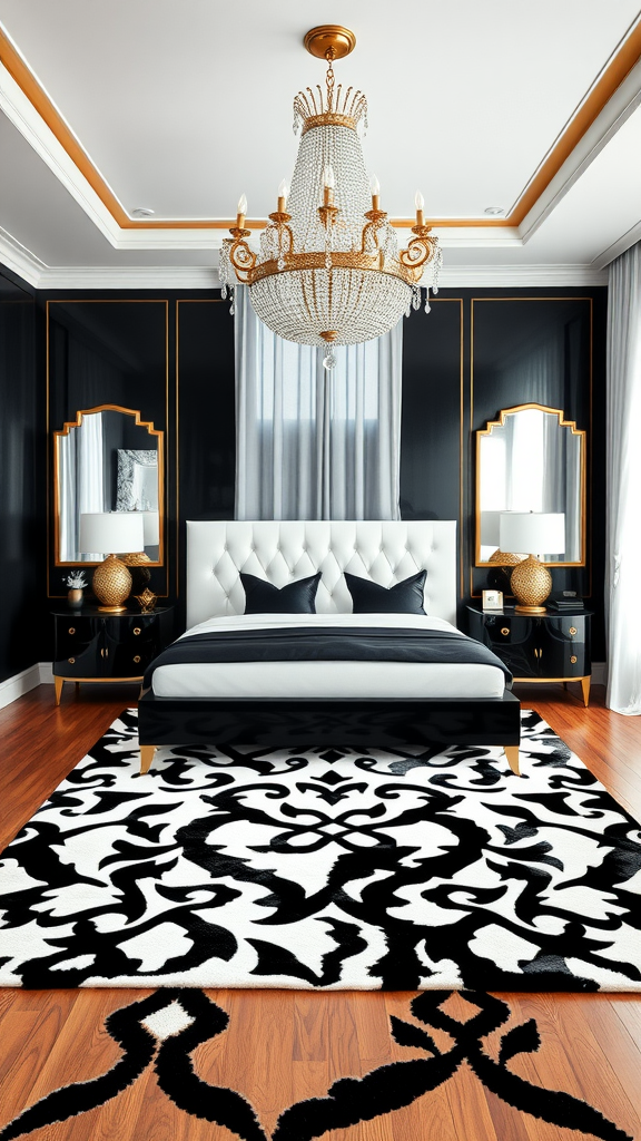 A luxurious master bedroom featuring a plush bed, ornate chandelier, and a bold black and white color scheme, showcasing Hollywood Regency style.