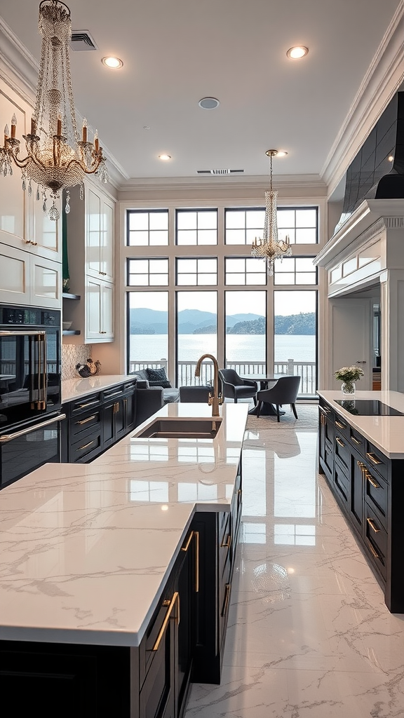 A luxurious kitchen with large windows overlooking a lake, featuring elegant chandeliers and modern dark cabinetry.