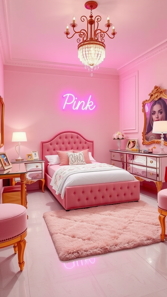 A glamorous pink bedroom featuring a plush bed, chandelier, neon sign, and mirrored furniture.