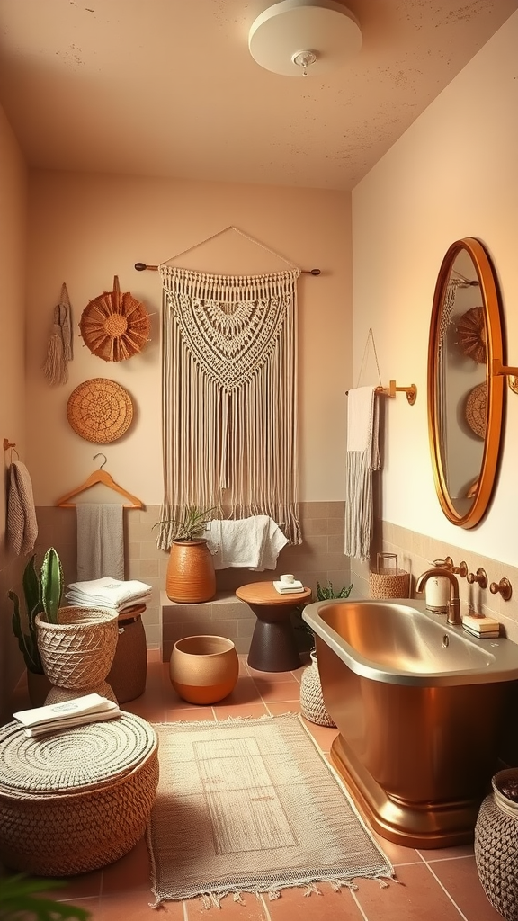 A cozy bathroom featuring a copper bathtub, woven baskets, macramé wall hanging, and potted plants.