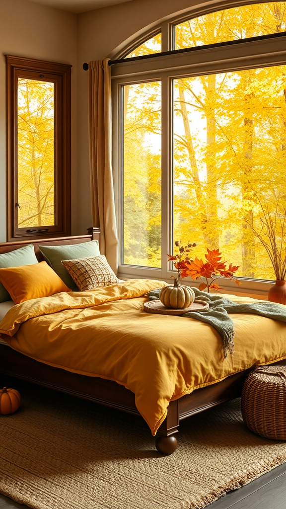 Cozy fall bedroom with golden decor and large windows showcasing autumn foliage.