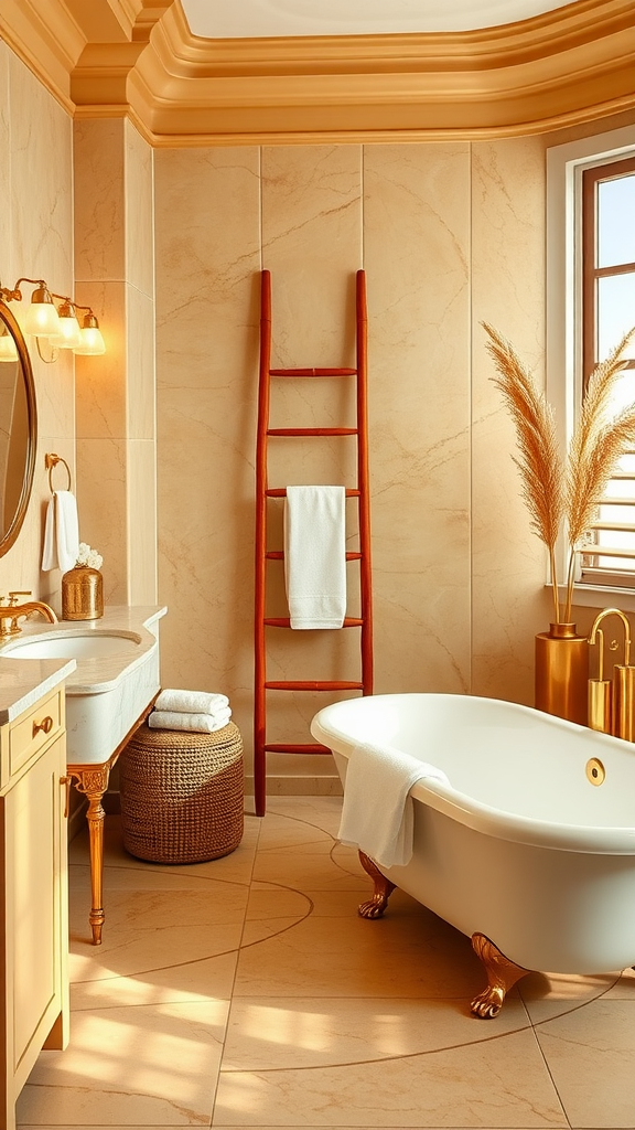 A beautifully designed bathroom featuring a freestanding bathtub, warm lighting, and boho decor elements.