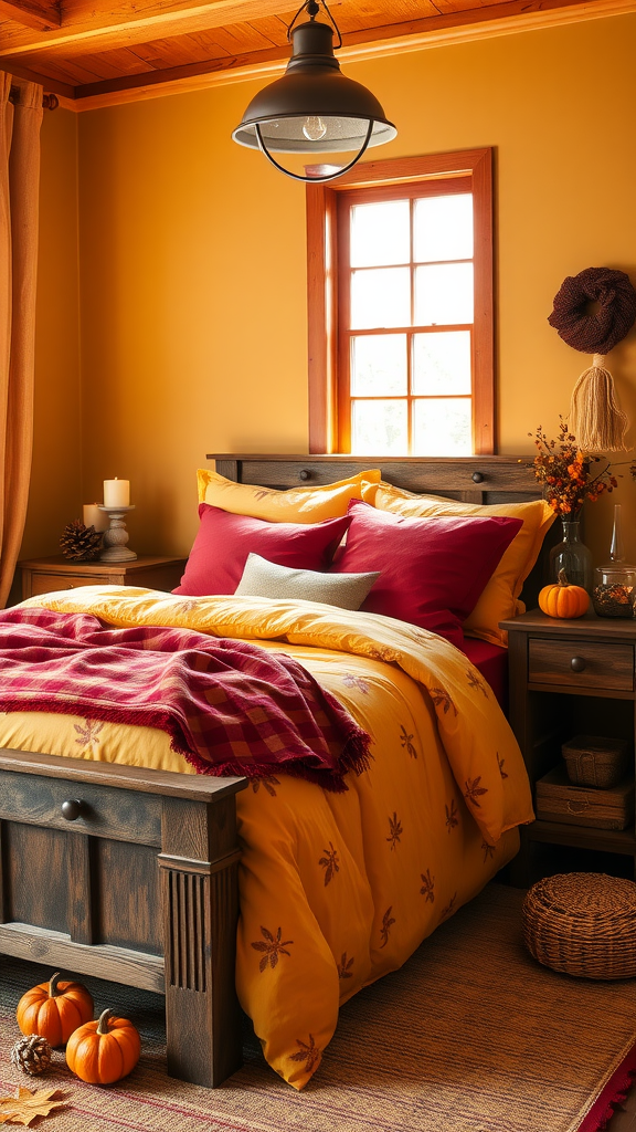 A cozy fall bedroom decorated with yellow bedding, red cushions, and autumnal decor.