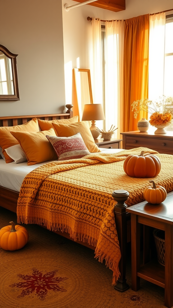 Cozy fall bedroom with yellow blanket, pumpkins, and natural light.